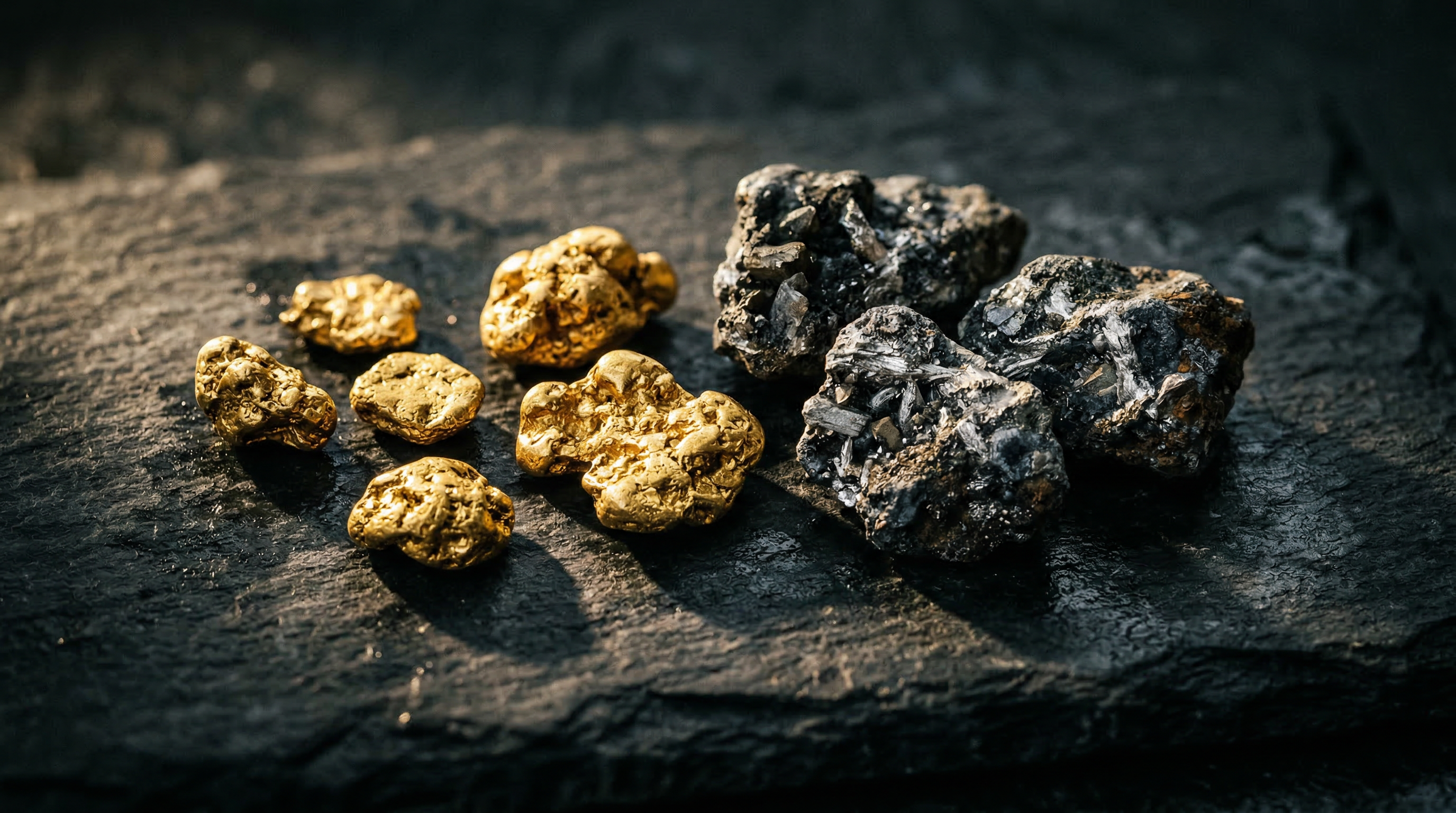 Gold nuggets and silver ore on dark slate